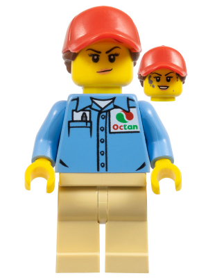 Ground Crew - Female, Medium Blue Shirt with 'Octan' Logo, Tan Legs, Red Ball Cap with Reddish Brown Ponytail (cty1194)