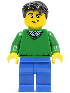 Green V-Neck Sweater, Blue Legs, Black Short Tousled Hair, Lopsided Grin (cty0503)