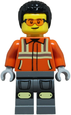 Construction Worker - Male, Reddish Orange Safety Jacket with Reflective Stripes, Dark Bluish Gray Legs with Knee Pads, Black Coiled Hair, Safety Glasses (cty1854)