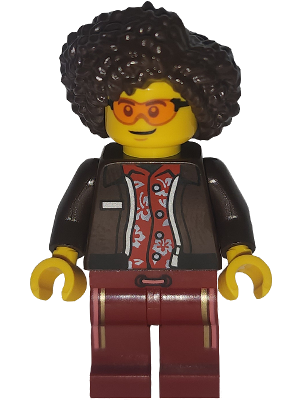 Art Factory Bassist - Female, Dark Brown Jacket over Red Hawaiian Shirt, Dark Red Legs with Coral and Gold Vertical Stripes, Dark Brown Hair (bdp265)