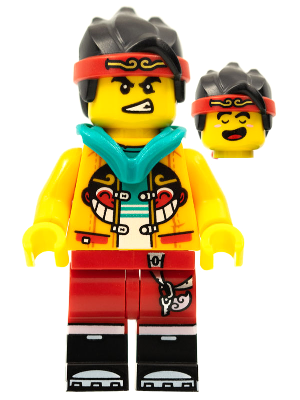 Monkie Kid - Bright Light Orange Open Jacket with Monkey Head Logo, Dark Turquoise Hood, Fierce / Happy (mk053)