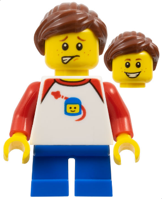 Girl - Shirt with Red Collar, Spaceship Orbiting Classic Space Helmet, Blue Short Legs, Ponytail and Swept Sideways Fringe, Freckles (hol132)