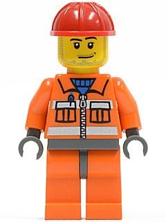 Construction Worker - Orange Zipper, Safety Stripes, Orange Arms, Orange Legs, Dark Bluish Gray Hips, Red Construction Helmet, Smirk and Stubble Beard (cty0397)