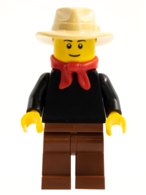 Gold Prospector - Male, Black Torso, Reddish Brown Legs, Tan Fedora Hat, Red Bandana, Black Eyebrows (edu021a)