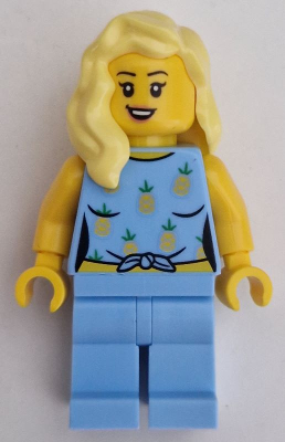 Car Driver - Female, Bright Light Blue Knotted Top with Pineapples and Legs, Bright Light Yellow Hair (cty1660)