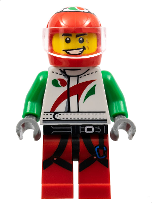 Race Car Driver, White Octan Racing Suit with Octan Logo, Black Leg Straps with Carabiner (col270)