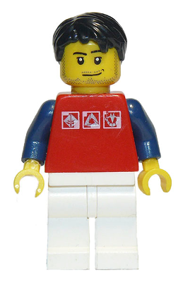 Red Shirt with 3 Silver Logos, Dark Blue Arms, White Legs, Black Short Tousled Hair (twn111)