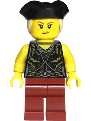 Pirate - Female, Black Dress Top, Dark Red Legs, Black Tricorne Hat with Tan Ponytail (bdp146)