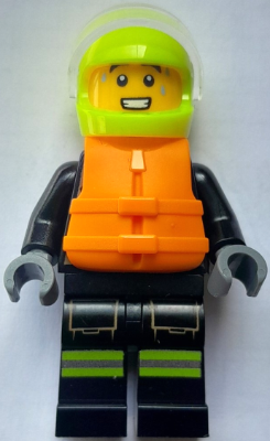 Fire - Male, Black Jacket and Legs with Reflective Stripes and Red Collar, Neon Yellow Helmet, Trans-Clear Visor, Orange Life Jacket (cty1891)