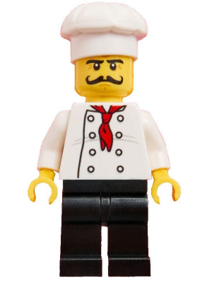 Chef - Black Legs, Moustache Curly Long, 'LEGO House Home of the Brick' Print on Back (chef025)