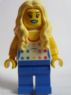 LEGO Brand Store Female, Shirt with Rainbow Stars, Long Wavy Hair (no specific back printing) {Glasgow} (tls080)