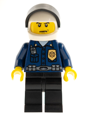 Police - World City Patrolman, Dark Blue Shirt with Badge and Radio, Black Legs, White Helmet, Black Visor (wc023)