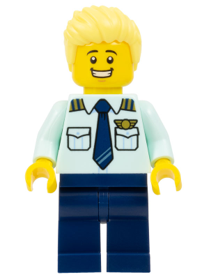 Passenger Plane Pilot - Male, Light Aqua Uniform Shirt with Tie, Dark Blue Legs, Bright Light Yellow Spiked Hair Swept Up (cty1679)