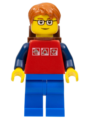 Red Shirt with 3 Silver Logos, Dark Blue Arms, Blue Legs, Dark Orange Short Tousled Hair, Brown Eyebrows, Backpack (cty0180)