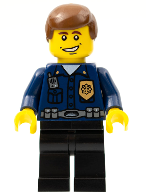 Police - World City Patrolman, Dark Blue Shirt with Badge and Radio, Black Legs, Brown Male Hair, Smile (wc009)