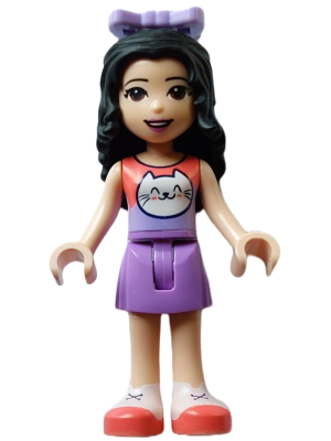 Friends Emma - Coral and Lavender Top with Cat Head, Medium Lavender Skirt, White Shoes with Coral Soles, Lavender Bow (frnd0565)