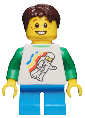 Classic Space Minifigure Floating Pattern, Dark Azure Short Legs, Dark Brown Short Tousled Hair (twn264)
