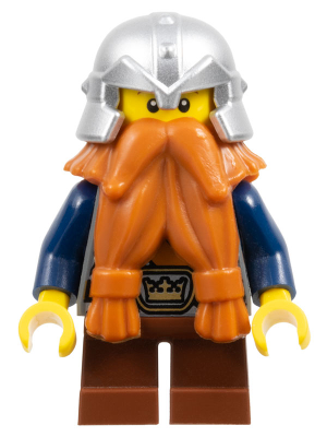Fantasy Era - Dwarf, Dark Orange Beard, Metallic Silver Helmet with Studded Bands, Dark Blue Arms, Brown Eyebrows, Thin Grin (cas392)