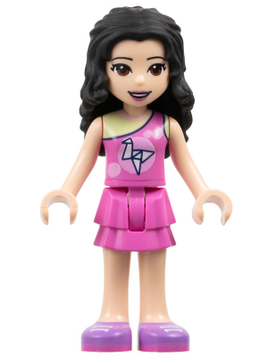 Friends Emma - Dark Pink Top with Bright Pink Circles and White Origami Crane over Yellowish Green Tank Top, Dark Pink Layered Skirt, Medium Lavender Shoes (frnd0357)