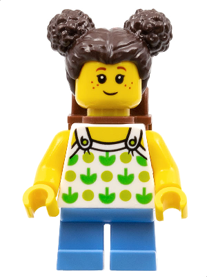 Child - Girl, White Halter Top with Green Apples and Lime Spots, Medium Blue Short Legs, Dark Brown Hair with Buns, Freckles, Reddish Brown Backpack (cty1333)