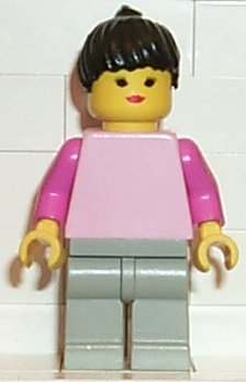 Plain Pink Torso with Dark Pink Arms, Light Gray Legs, Black Ponytail Hair (par040)