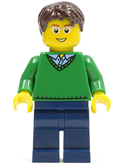 Green V-Neck Sweater, Dark Blue Legs, Dark Brown Short Tousled Hair, Glasses (cty0191)
