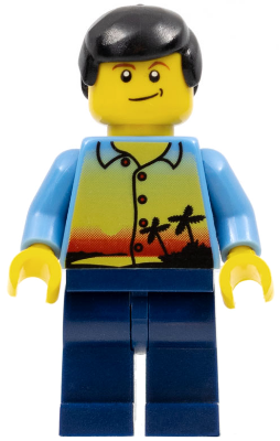 Sunset and Palm Trees - Male, Dark Blue Legs, Black Male Hair, Lopsided Smile (twn107)