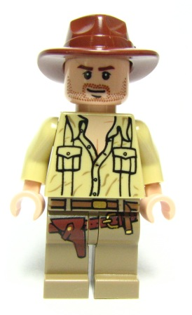 Indiana Jones - Tan Open Collar Shirt, Reddish Brown Fedora, Closed Mouth Lopsided Grin (iaj020)