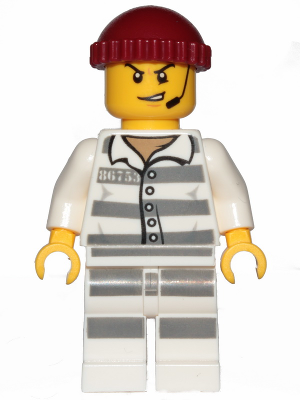 Sky Police - Jail Prisoner 86753 Prison Stripes, Scowl with Open Mouth and Headset, Dark Red Knit Cap (cty0988)