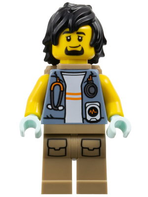 City Jungle Explorer Medic - Male, Sand Blue Vest with Stethoscope, Dark Tan Legs with Pockets, Goatee and Black Hair, Open Backpack (cty1780)