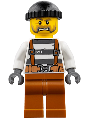 Police - Jail Prisoner Overalls 621 Prison Stripes, Dark Orange Legs, Black Knit Cap, Beard (cty0773)