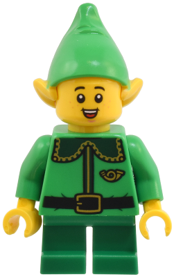 Elf - Bright Green Coat with Dark Green Collar and Gold Horn, Open Mouth Smile with Freckles (hol364)