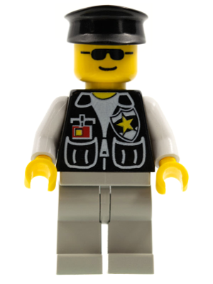 Police - Sheriff Star and 2 Pockets, Light Gray Legs, White Arms, Black Hat (cop028)