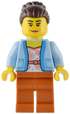 Club Owner / Manager - Female, Bright Light Blue Jacket over White Shirt with Coral Flowers, Dark Orange Legs, Dark Brown Hair with Bun (twn454)