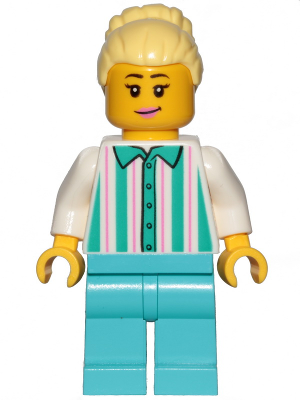 Fairground Employee, Female - Bright Light Yellow Hair with High Bun, White Shirt with Stripes, Medium Azure Legs (cty1151)