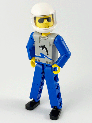 Technic Figure Blue Legs, Light Gray Top with Orca Pattern, Blue Arms, White Helmet (tech021b)