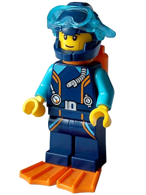 Arctic Explorer Diver - Male, Dark Blue Diving Suit and Helmet, Orange Air Tanks and Flippers, Trans-Light Blue Diver Mask, Grin (cty1639)