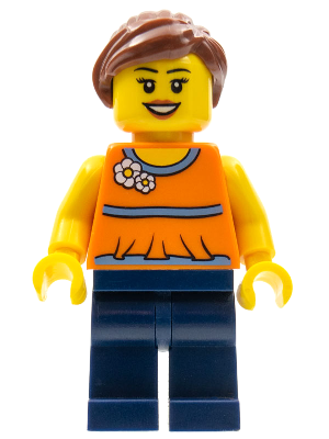 Orange Halter Top with Medium Blue Trim and Flowers Pattern, Dark Blue Legs, Reddish Brown Ponytail and Swept Sideways Fringe (twn185)
