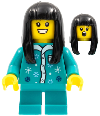 Child - Girl, Dark Turquoise Pajamas Top, Dark Turquoise Short Legs, Black Long Hair (hol272)