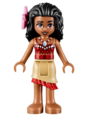 Moana (Medium Nougat) - Mini Doll, Dark Red and Red Top with Strap, Tan Layered Skirt with Red Ruffle, Black Hair, Bright Pink Flower (moa002)