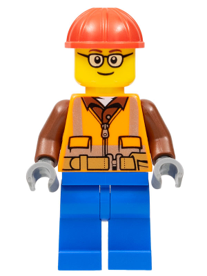 Construction Worker - Male, Orange Safety Vest, Reflective Stripes, Reddish Brown Shirt, Blue Legs, Red Construction Helmet, Glasses (cty1162)