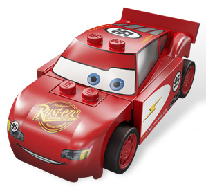 Lightning McQueen - Rust-eze Hood, Red and White Sides, Light Bluish Gray 1 x 4 Plates (crs065)