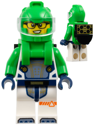 Astronaut - Male, White Spacesuit with Bright Green Arms, Bright Green Helmet, Trans-Clear Visor, Bright Green Harness with Solar Panel, Glasses (cty1694)