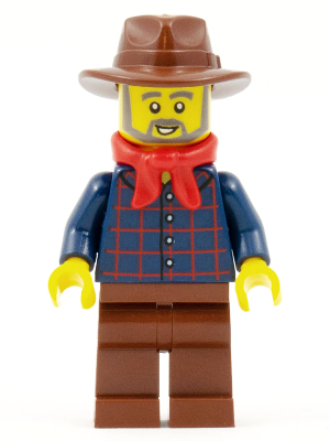 Gold Prospector - Male, Dark Blue Plaid Button Shirt, Reddish Brown Legs, Reddish Brown Fedora Hat, Red Bandana, Beard (edu023)