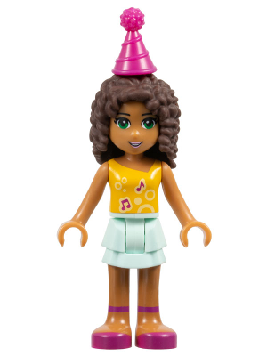 Friends Andrea - Light Aqua Layered Skirt, Bright Light Orange Top with Music Notes, Magenta Party Hat (frnd0165)