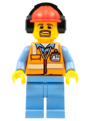 Orange Safety Vest with Reflective Stripes, Medium Blue Legs, Red Construction Helmet with Black Ear Protectors / Headphones (cty0688)