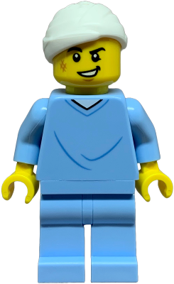 Hospital Bed Soapbox Race Car Driver (Patient) - Male, Bright Light Blue Hospital Gown and Legs, White Head Bandage, Scuff Mark (cty1845)