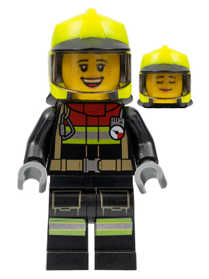 Fire - Female, Black Jacket and Legs with Reflective Stripes and Red Collar, Neon Yellow Fire Helmet, Trans-Brown Visor, Freckles (Sarah Feldman) (cty1356)