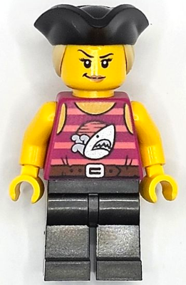 Pirate Monster Truck Driver - Female, Magenta Tank Top with Coral Stripes and Silver Shark, Pearl Dark Gray Legs, Black Tricorne Hat with Tan Ponytail (cty1669)