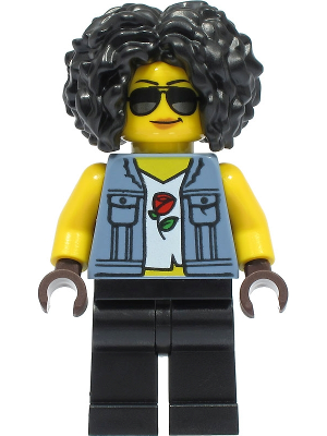 Stuntz Driver - Female, Sand Blue Vest over Rose Shirt, Black Legs, Black Curly Hair, Sunglasses (cty1330)